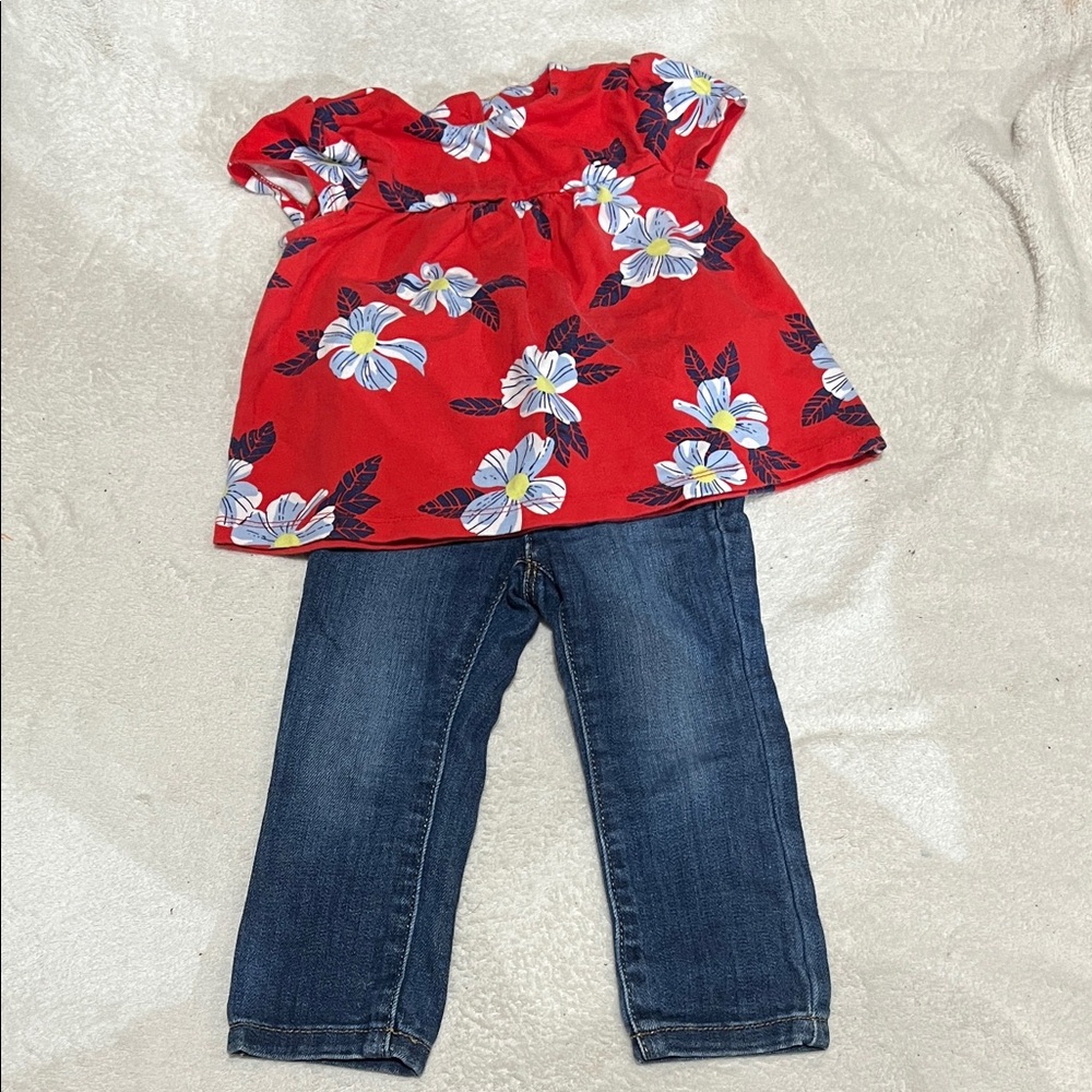 Tommy Hilfiger Red Floral Top and Skinny Blue Jeans Set